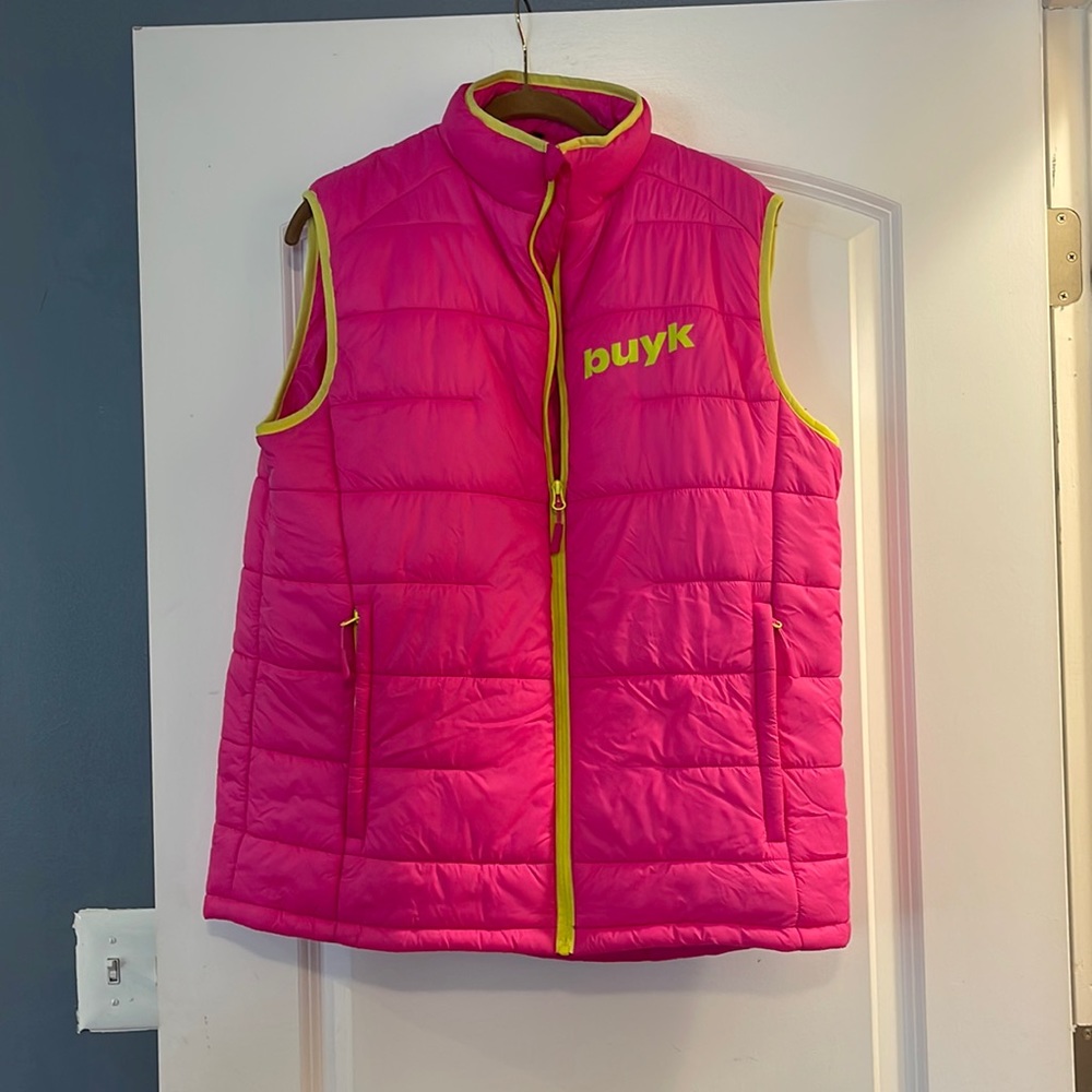 Buyk pink & lime green trim large puffer vest nwot